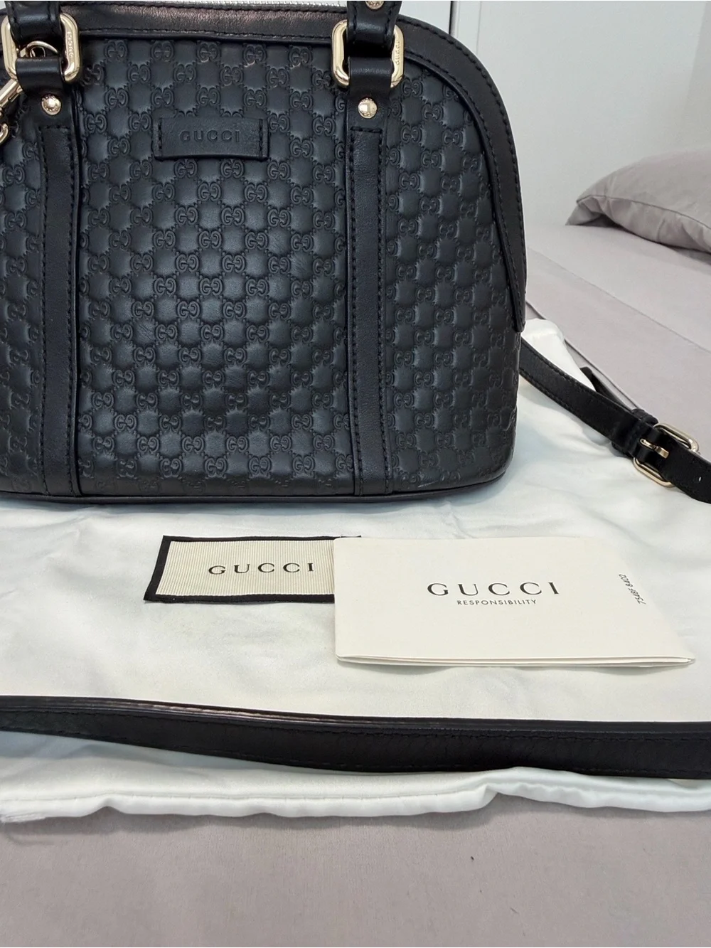 Gucci Authentic Microguccissima Dome Small Black Leather BSatchel with Gold Hard